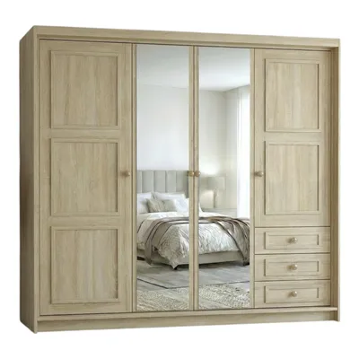 Produktbild von Geräumiger viertüriger Kleiderschrank OSLO mit Schubladen und Metallgriffen – modernes Design Farbe: Sonoma