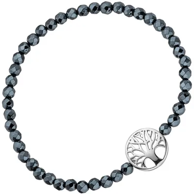 Produktbild von Armband Armkette aus schwarzen Hämatit Anhänger Lebensbaum dehnbar 925 Silber