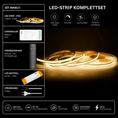 Produktbild von LED Streifen Set Warmweiß – COB LED Streifen 24V, punktfrei, 14 W/m, 5m, 2700K, CRI 90, IP33 – SS100 Netzteil, SR2 Funk-Controller und C1 Fernbedienung Schwarz