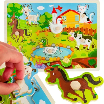 Zdjęcie produktu dla Klocki edukacyjne puzzle drewniane farma układanka z uchwytami dla dzieci 3+ zwierzątka 30 x 22,5 cm