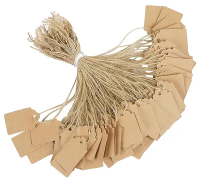 Productafbeelding van Prijskaartjes met koord - Bruin kraftpapier - 3,5 x 2,2 cm - 200 stuks - Jutekoord
