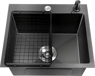 Image de Évier de cuisine en acier inoxydable - Évier à cuve unique - 45 x 40 x 20 cm - Rectangulaire - Sans robinetterie - Distributeur de savon 150 ml - Noir