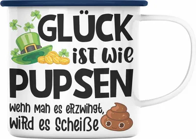 Produktbild von Trendation - Glück Ist Wie Pupsen Emaille Tassen Emaille Tasse Becher Emaille Emaille Tasse Lustig Spruch Geschenk Frauen Männer (Blau)