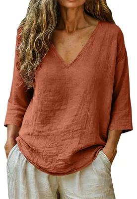 Image de T-shirt pour femmes ASKSA, col en V, manches 3/4, chemisier en lin d'été, chemisier en mousseline, uni, décontracté, ample, basique (orange-brun, taille XXL)