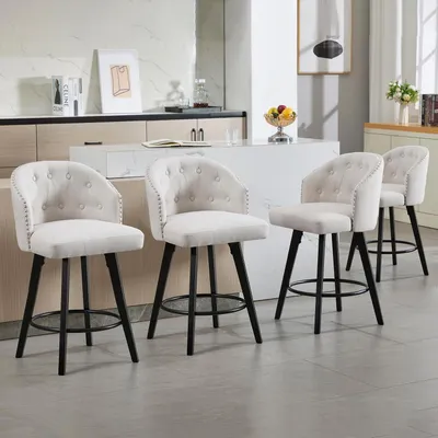 Obrázek produktu pro Sada čtyř barových stoliček, potah z lnu, otočné o 360°, dřevěná konstrukce, barva béžová, rozměry 50x43x91 cm