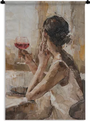 Produktbild von MuchoWow® Wandteppich Wandbehang Gemälde - Ölfarbe - Frau - Wein 90x135 cm Tapisserie Dekoration Wandtuch - Baumwolle - Wandskulptur