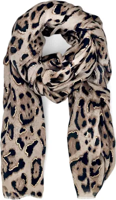 Produktbild von styleBREAKER Damen Schal mit Leoparden Muster und goldenen Metallic Akzenten | weiches langes Tuch mit kurzen Fransen 180 x 88 cm