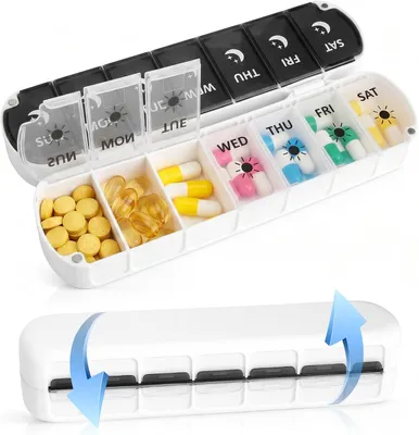 Imagen del producto de Caja para pastillas con 14 compartimentos, para 7 días, libre de BPA, con cierre magnético, ideal para viajes