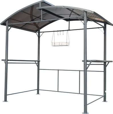 A gray metal grill pavilion with a canopy and shelves.