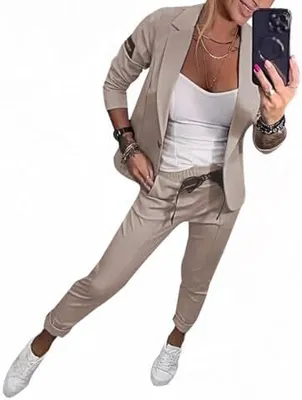Obrázek produktu pro ASKSA Dámy dlouhý rukáv dva kusy Elegantní obchodní oblek Set klopě kancelář dlouhý rukáv oblek sako sako kalhoty 2 kusy oblečení Streetwear ležérní oblek, Khaki, XL