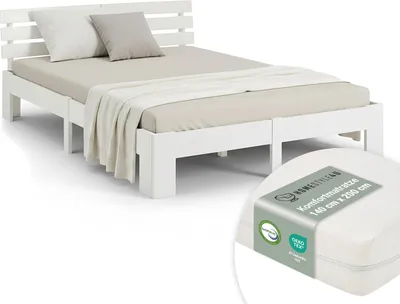 Image de Lit double avec matelas et sommier 140x200 Lit blanc pin massif Cadre de lit en bois Lit futon