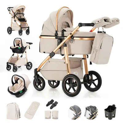 Obrázok produktu pre Kočík 3 v 1 – model 516C – ľahko skladací – cestovný kočík s autosedačkou – pre deti od 1 do 2 rokov – nosnosť viac ako 20 kg – biela farba
