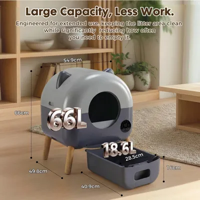 Image de Bac à litière 66 l - Bac à litière automatique autonettoyant -via application - Capteur infrarouge - Anti-obstruction - Modèle semi-fermé - Gris aspect bois