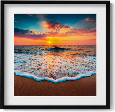 Produktbild von Sonnenuntergangslandschaft über dem Meer– Wandbild mit Rahmen – Gerahmtes Bild  – Wanddekoration – 50x50 cm –  Schwarz Rahmen