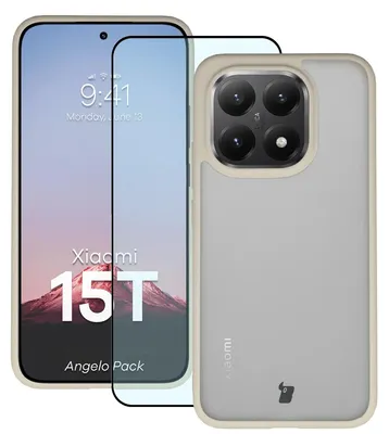 Produktbild von Schutzhülle + gehärtetem Glas für Xiaomi 15T, Bizon Angelo Pack, Semitransparent mit beigem Rahmen