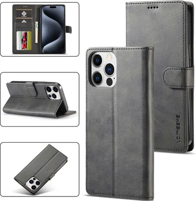 A collage of images showing a gray leather flip case for an iPhone 15 Pro, including its interior card slots, stand function, and camera cutout.