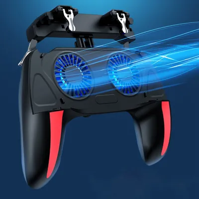 A gaming controller with cooling fans and blue light effects.
