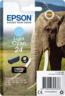 Obrázek produktu pro Epson Elephant Balíček s jedním inkoustem 24 Slon Claria Photo HD Light Cyan, Standardní výtěžnost, Azurová, Inkoust na pigmentové bázi, 5,1 ml, 1 kusů, Balení po jednom
