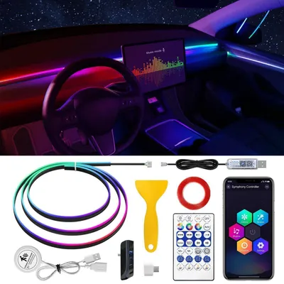 Immagine prodotto di Illuminazione interna a LED per Tesla Model 3/Y 2021-2023, strisce luminose in acrilico RGB "Dreamcolor" da 140 cm con sensore di movimento e hub USB