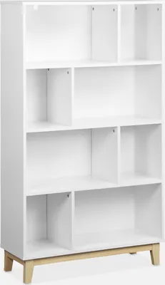 A white bookshelf with wooden legs against a white background.