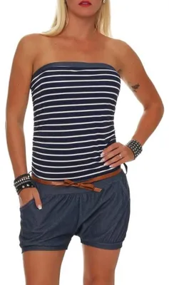 Imagen del producto de Mono corto para mujer de la marca Malito, diseño azul marino, con cinturón