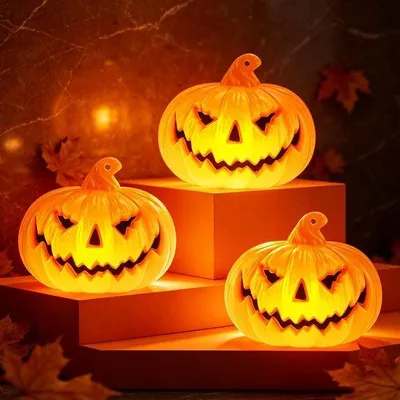 Zdjęcie produktu dla 3 sztuki dekoracji na Halloween: dynie świetlne. Dynie świetlne na Halloween, zasilane bateriami, LED, lampki dyniowe
