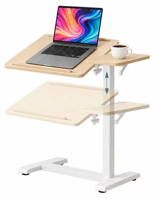 Productafbeelding van Relaxdays verstelbaar bureau, hoogte instelbaar van 67,5 tot 102 cm, kantelbaar, met geïntegreerde wielen, geschikt voor thuiswerken, laptoptafel, C-vorm, naturel/wit