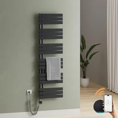 Image de S'AFIELINA – Sèche-serviette électrique 159.9×50cm avec thermostat WiFi,minuterie programmable et écran LCD,1000 W,Anthracite,idéal pour salle de bain