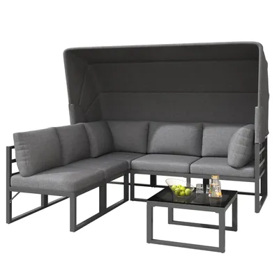 Immagine prodotto di Abrihome Set di 4 sedie da giardino con tenda e tavolo, resistente alle intemperie Tutti i cuscini inclusi, grigio