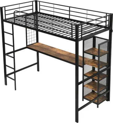 Zdjęcie produktu dla Łóżko piętrowe, łóżko z żelaza, żelazo + MDF, z biurkiem i szafką z wieloma półkami, wyposażone w metalową kratę, solidne poręcze i drabinkę