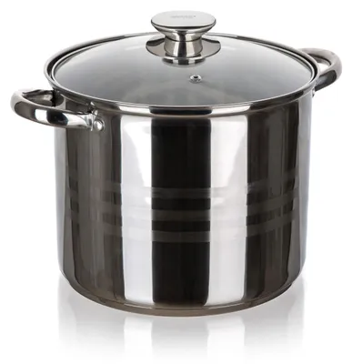A stainless steel pot with a glass lid is shown against a white background.