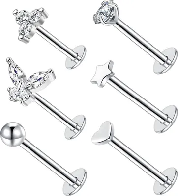 Imagen del producto de Varillas para piercing labret, calibre 16G, acero inoxidable, juego de 6 unidades, con longitudes de 6 mm, 8 mm y 10 mm, aptas para labios y orejas