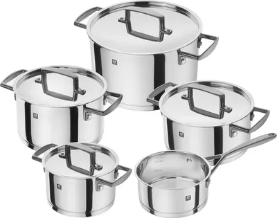 A set of five stainless steel pots and pans with lids, arranged on a white background.