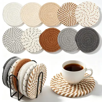 10er Set Untersetzer aus Baumwoll-Kordel, rund 11 cm, mit Halter