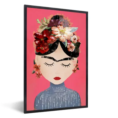 Produktbild von MuchoWow® gerahmtes Poster - Frida Kahlo - Frau - Vintage - Blumen - Kunst - 60x90 - Wandposter-Rahmen, Foto