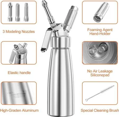 Produktbild von Unyqoos® Sahnesiphon 500 ml – Aluminium Sahnespender mit 3 dekorativen Edelstahl-Spritztüllen & Reinigungsbürste, auslaufsicher für Sahne, Crème, Mousse