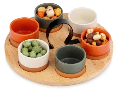 Productafbeelding van Uitstekende, handgemaakte serveerset van 7 delen, keramiek/bamboe, 24x12 cm, meerkleurig