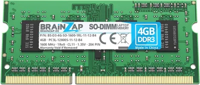 Produktbild von BRAINZAP 4GB DDR3 RAM SO-DIMM PC3L-12800S-11-12-B4 1Rx8 1600 MHz 1.35V CL11 Notebook Laptop Arbeitsspeicher
