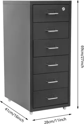 Zdjęcie produktu dla Metalowa szafka archiwizacyjna - mobilna szafka na kółkach z 6 szufladami - zamykana na klucz - na kółkach - wymiary: 28 x 41 x 69 cm - kolor: czarny