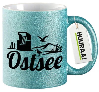 Produktbild von Huuraa Glitzertasse Ostsee Strandmotiv 330ml Blau Keramik Kaffeebecher Geschenkidee