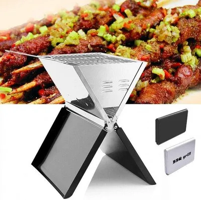 Image de Barbecue portable pliable - Boîte de barbecue compacte - Pour cuisiner en extérieur - Acier inoxydable - 36 x 24 cm - Argenté