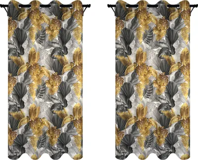 Produktbild von Vorhänge mit Ösen 140x280 2 Stücke graue Vorhänge mit goldenen Blättern Muster blickdichte Gardinen für Wohnzimmer