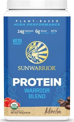 A product shot of a Sunwarrior Warrior Blend protein powder container.