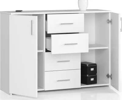 Produktbild von Kommode mit 4 Schubladen & 2 Türen, 110x80x35, Wohnzimmer, Weiß
