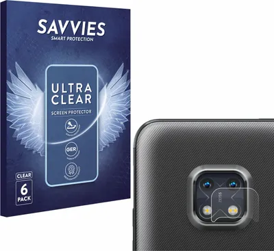 A product shot showing packaging for screen protectors and a close-up of a phone's camera lens with a screen protector applied.