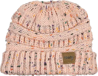 Produktbild von Strick Winter Beanie - Pferdeschwanz Mütze - mit Zopf Loch - Rosa Gesprenkelt