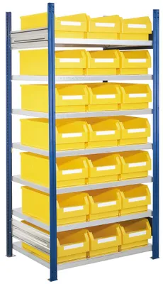Produktbild von Robustes Profi Ordnungsregal - Sortimentsregal - Grundregal mit 21 Sichtlagerkästen 2.000 x 1.000 x 600 mm (HxBxT) - enzianblau (RAL 5010)