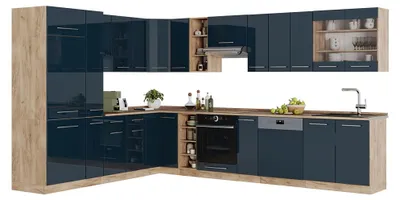 Zdjęcie produktu dla Kogoszczona kuchnia Vicco Fame-Line Ciemnoniebieski wysoki połysk/Dąb goldkraft 347 x 257 cm, BP Antracyt, Model 49795
