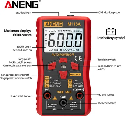Image de ANENG M118A Multimètre numérique à portée automatique Haute précision TRMS 6000 points Tension Courant Ohm Capacitance Diode Multi Tester