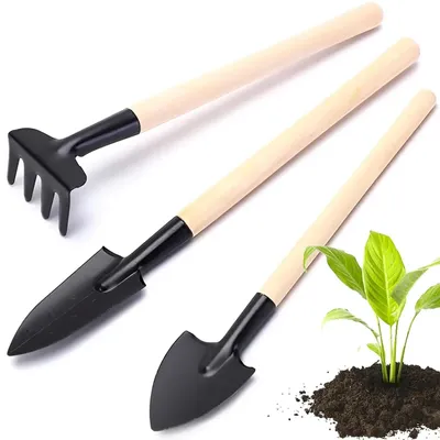 Produktbild von Mini Gartengeräte Set Gartenwerkzeug Set Pflanzwerkzeug Handrechen Pflanzkelle Umtopfset 3 teilig Holzgriff